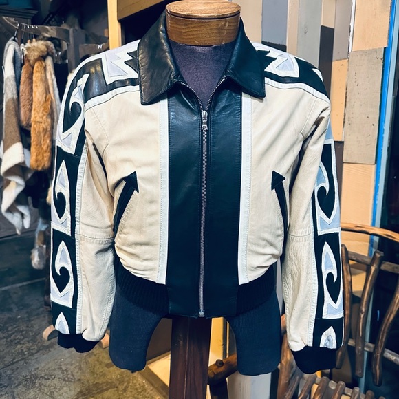 Michael Hoban North Beach Leather Black and Cream Leather Bomber Jacket - Picture 1 of 7